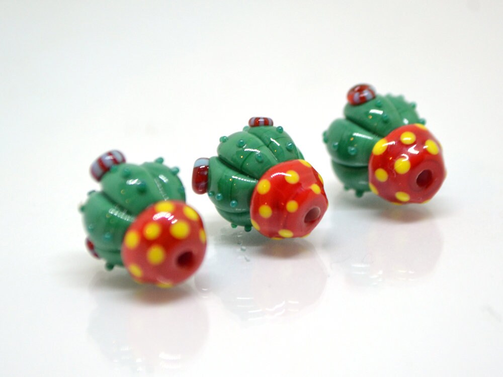 Lampwork red green cactus flower beads in red pot, Wilderness plants, Desert flower, Cactus flower pendant, Succulent beads,Artisan lampwork
