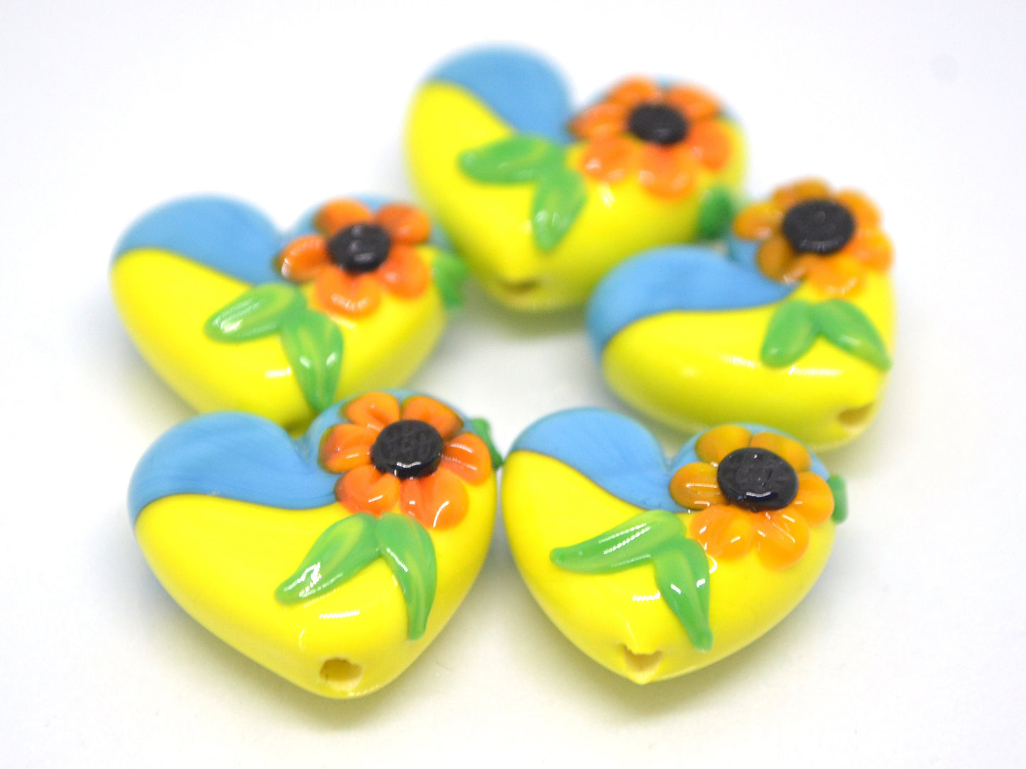 Yellow Blue Glass Heart, Lampwork Heart pendant, Heart with Sunflower, Ukraine symbol, Handmade lampwork, Stand with Ukraine