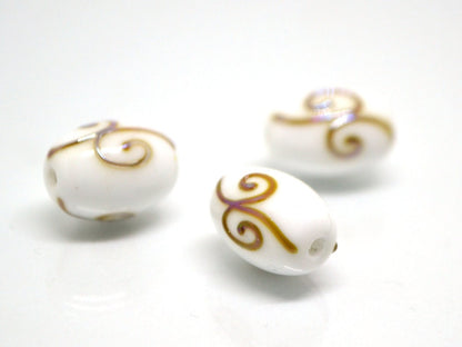 White opaque barrel glass beads gold curles, Oval lampwork beads, Handmade lampwork, Beads for wedding jewelry, Bead set, Beads crafts