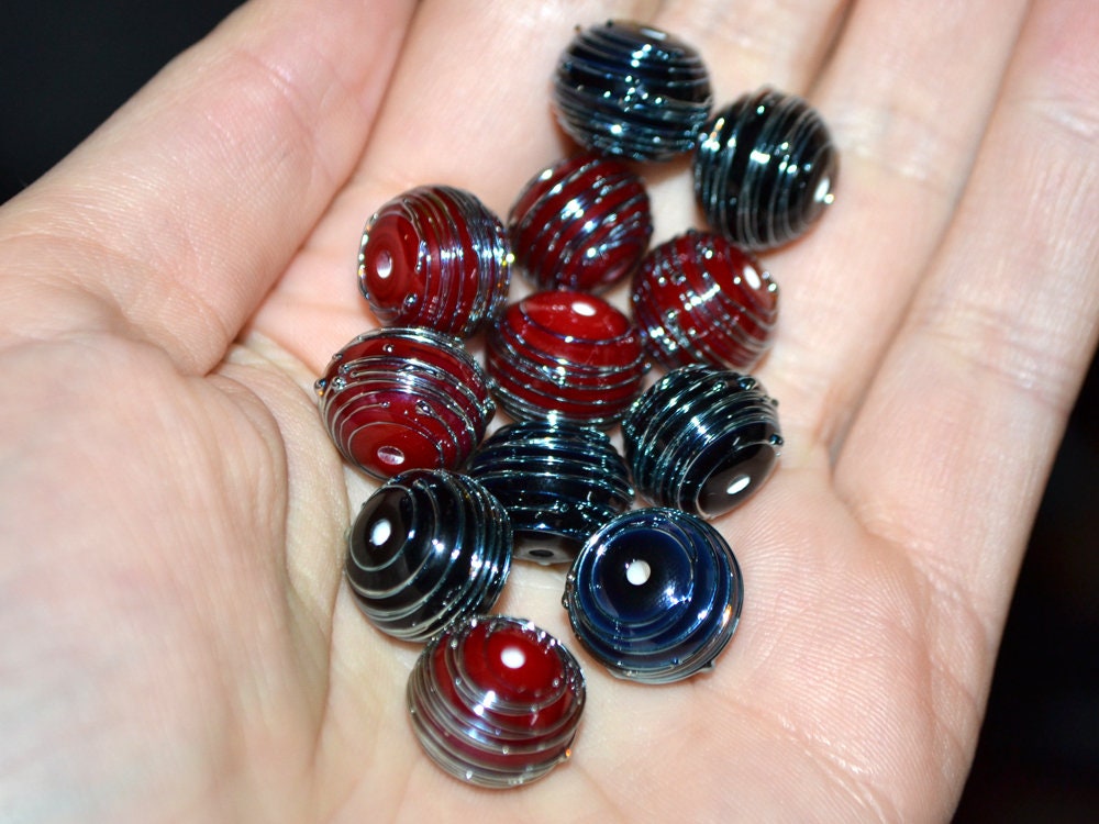 Black Red lampwork Handmade Beads, Stripes beads, Silver Stains beads, silver patterns, electric beads
