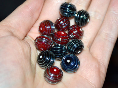 Black Red lampwork Handmade Beads, Stripes beads, Silver Stains beads, silver patterns, electric beads