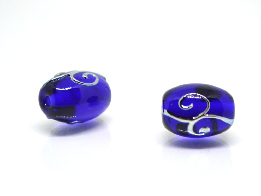 Cobalt blue rice glass beads silver curles, Barrel Oval lampwork beads for you, Artisan lampwork, Jewelry supplies earrings making spacer