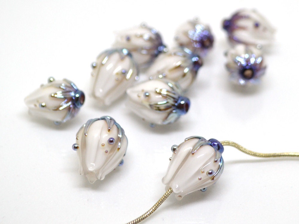 White flower glass beads, White blue gold lampwork beads handmade, Wedding jewelry making Beads for earrings Flower pendant Artisan lampwork
