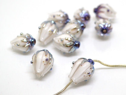 White flower glass beads, White blue gold lampwork beads handmade, Wedding jewelry making Beads for earrings Flower pendant Artisan lampwork