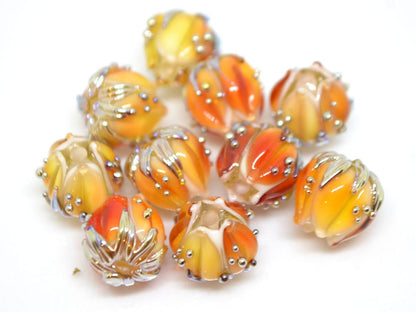 Red orange glass beads gold dots, 10mm flower beads, Artisan lampwork bead, Red lampwork spacer, Craft beads, Floral lampwork, Flower spacer