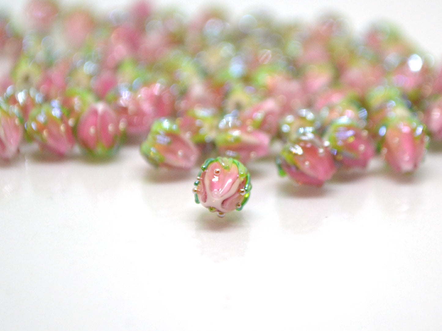 Light pink flower beads with green leaves, Tiny glass beads, through hole, 7mm flower beads, Artisan lampwork,