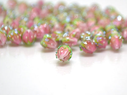 Light pink flower beads with green leaves, Tiny glass beads, through hole, 7mm flower beads, Artisan lampwork,