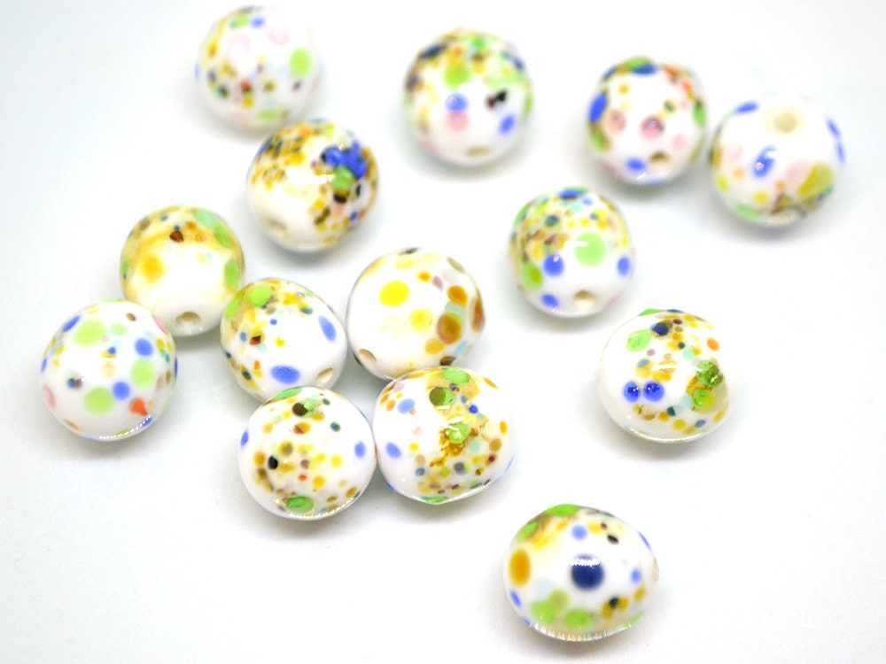 Colorful dots on white murano glass beads, Rainbow glass beads, Ethnic beads, Venetian style beads, Handmade beads, Artisan lampwork