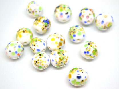 Colorful dots on white murano glass beads, Rainbow glass beads, Ethnic beads, Venetian style beads, Handmade beads, Artisan lampwork