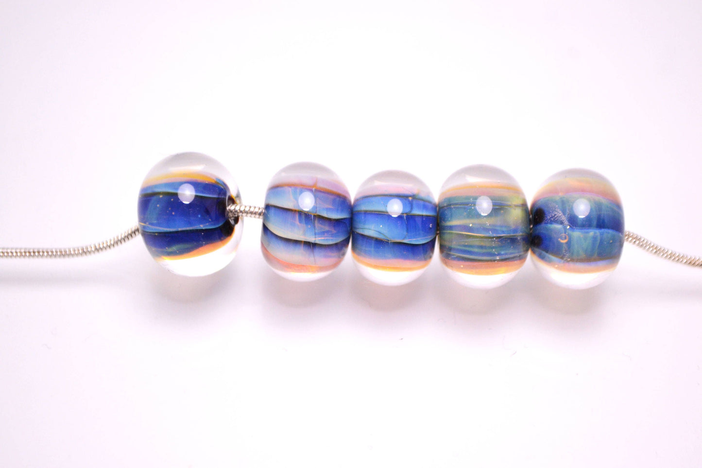 Glass beads for jewelry making set lampwork handmade artisan beads stripe glass beads clear blue rondelle lampwork bead bracelet making bead