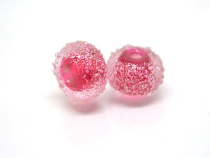 Ruby rose frosted glass beads, Frosted pink beads, Gumball bead, sugar glass beads, Artisan lampwork, Rondelle bright pink, sparkle glass