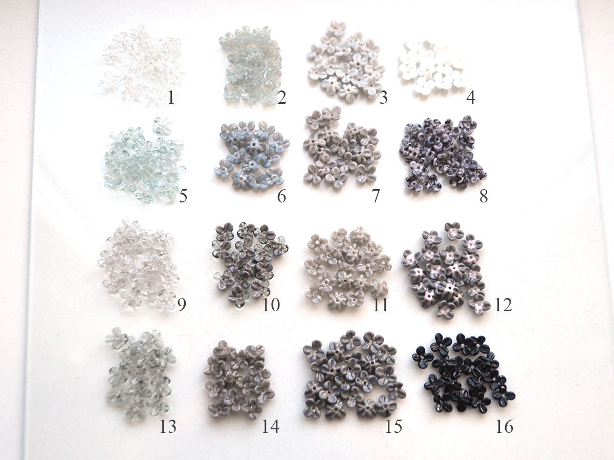 Gray small flower beads, Black cute flowers for headband, White tiny flowers, mini glass flowers, transparent lampwork beads