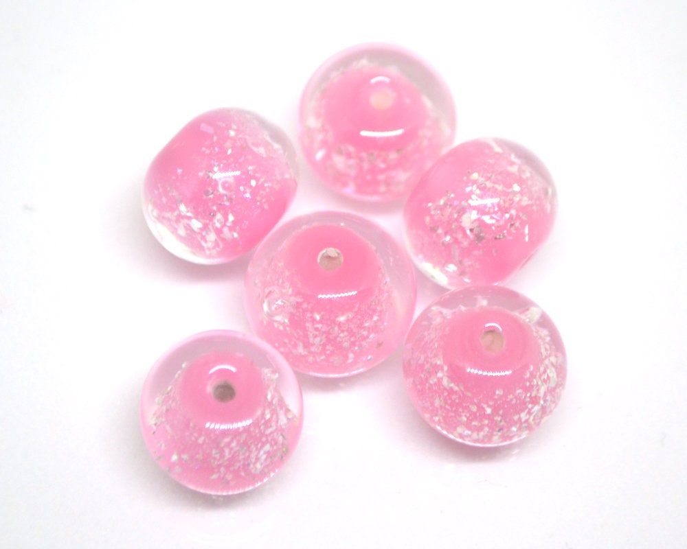 Pink lampwork foil beads, Handmade glass, Artisan lampwork, Shimmering Sparkling Round Silver Wedding jewelry making bead bride set bracelet