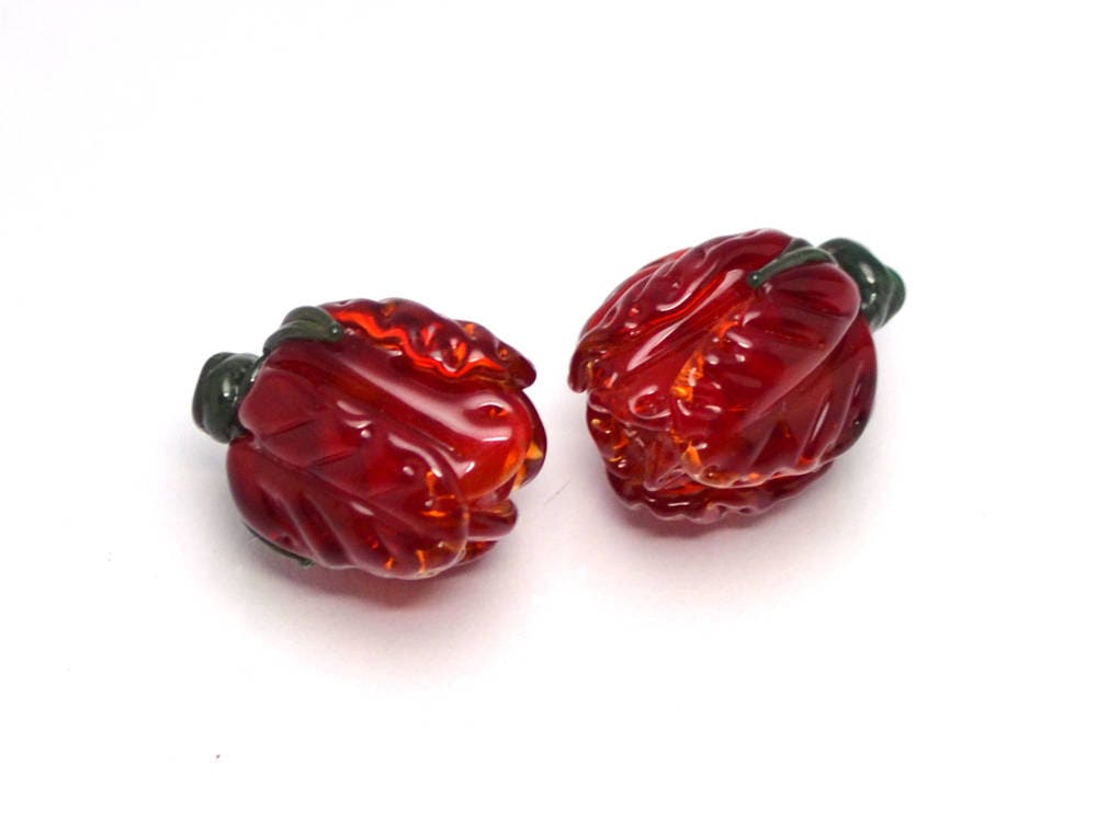 Handmade Flower Beads for earrings Floral Lampwork beads Red Glass Flower Crocus beads Marsala Sra lampwork beads Spring beads Transparent