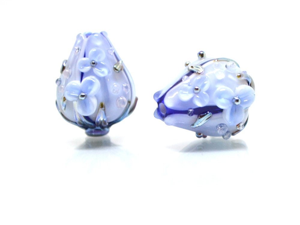 Blue Glass flower bouquet on lampwork bud beads, Pale blue lampwork beads, Miniature flowers, Something blue