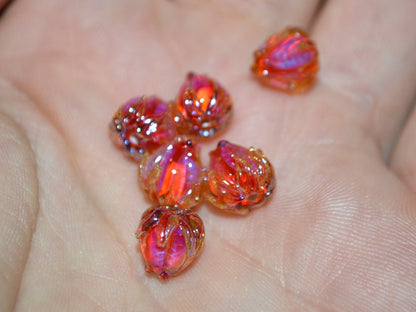 Orange silver flower beads, 7mm glass beads, Small flower beads, Netting pattern beads, Flower glass beads,Tiny glass bead,Artisan lampwork