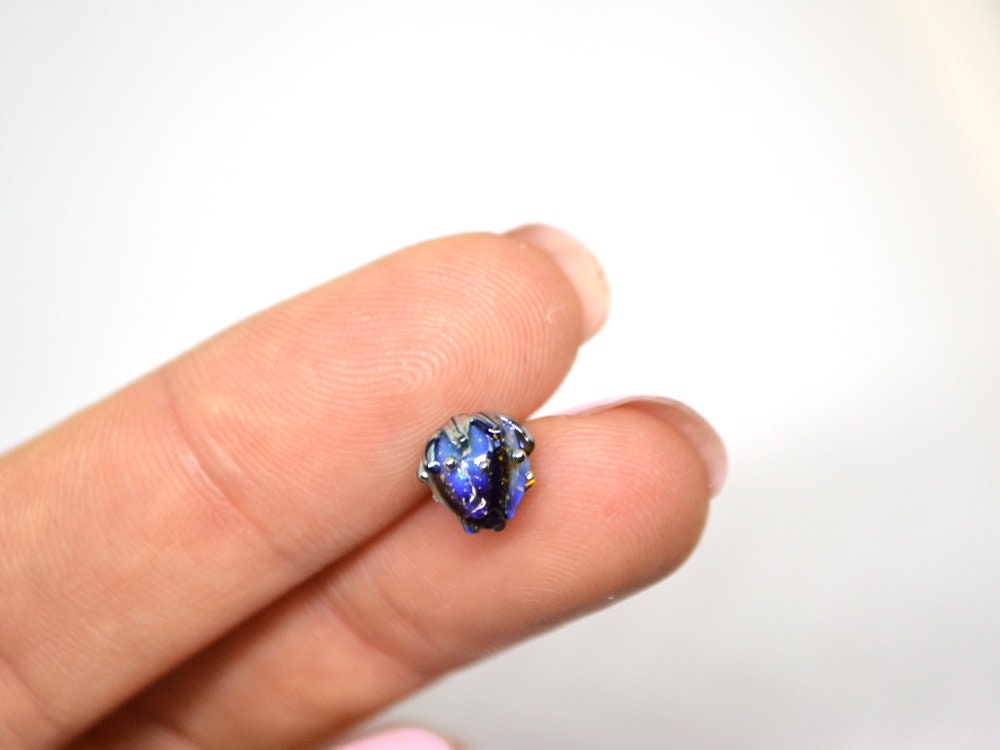 Small 7mm black blue stardust silver flower glass beads, Tiny flower beads, Mini flower beads, Beads wholesale, Artisan lampwork