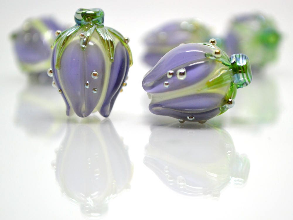 floral glass beads artisan lampwork bead pendant flower bud bead pastel beads light purle glass beads for earrings flower bead pendant glass