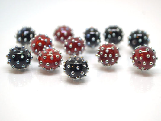 Red black handmade glass beads with silver dots, Artisan lampwork, Beads for bracelet, beads pimples
