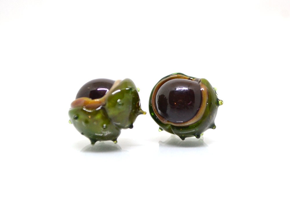 Lampwork chestnut beads, Handmade lampwork bead, Forrest glass beads, Green brown glass beads, Berry beads, Food glass bead,Artisan lampwork