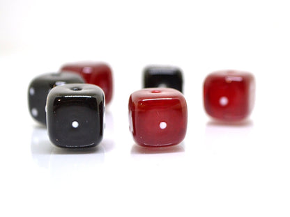 Black Red dice beads, Glass cube beads, Handmade lampwork beads, Casino lover, Funky dice glass beads, black dice, red dice