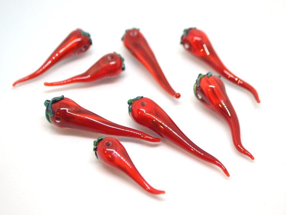 Red chili peppers, Glass chili beads, Horizontal center-drilled beads, Vegetable beads, Farm pendant, red green