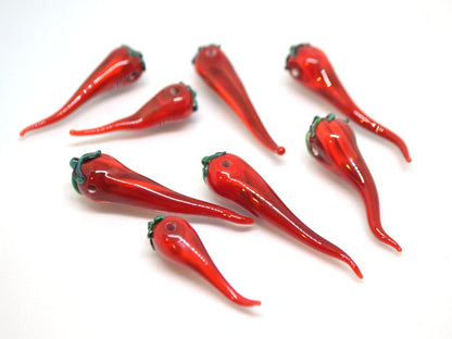 Red chili peppers, Glass chili beads, Horizontal center-drilled beads, Vegetable beads, Farm pendant, red green
