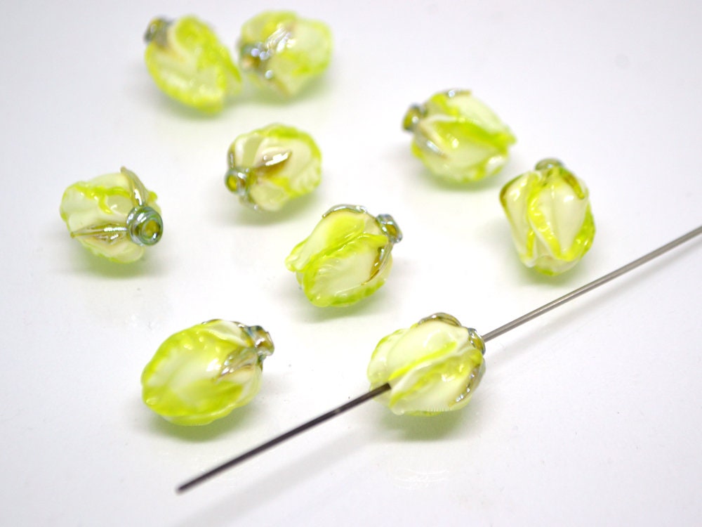 Light green glass beads, Lampwork floral beads, Salad green beads, White green glass beads, Beads for earrings, Artisan lampwork, bud beads
