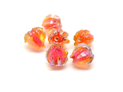 Orange silver flower beads, 7mm glass beads, Small flower beads, Netting pattern beads, Flower glass beads,Tiny glass bead,Artisan lampwork