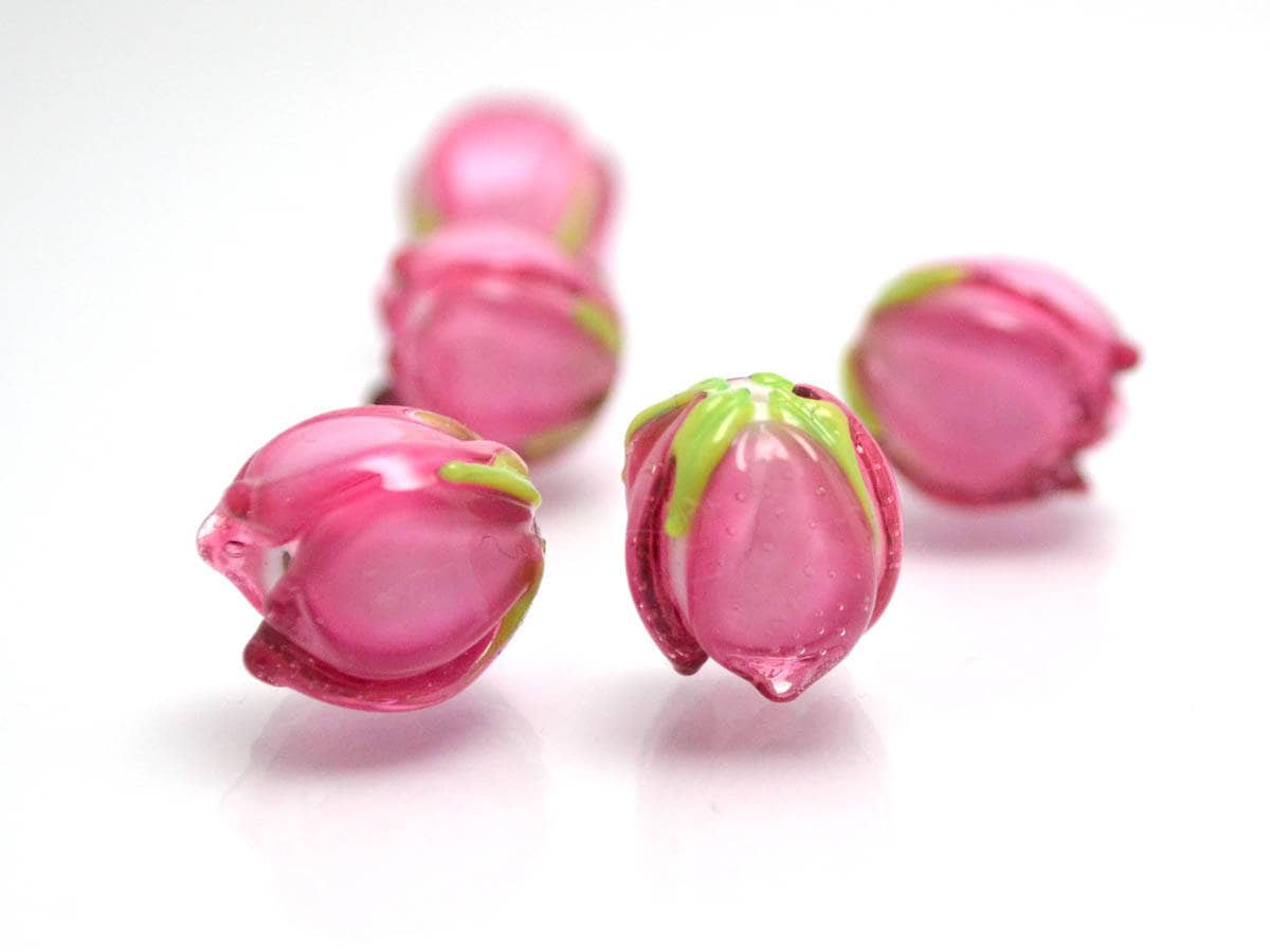 pink flower lampwork bead tender floral glass bud artisan handmade wedding jewelry making bracelet necklace pendant earrings bead set Leaf