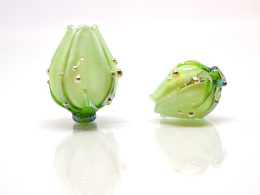 Mint green lampwork flower beads, Handmade lampwork beads, Floral glass pendant, Fresh green glass beads