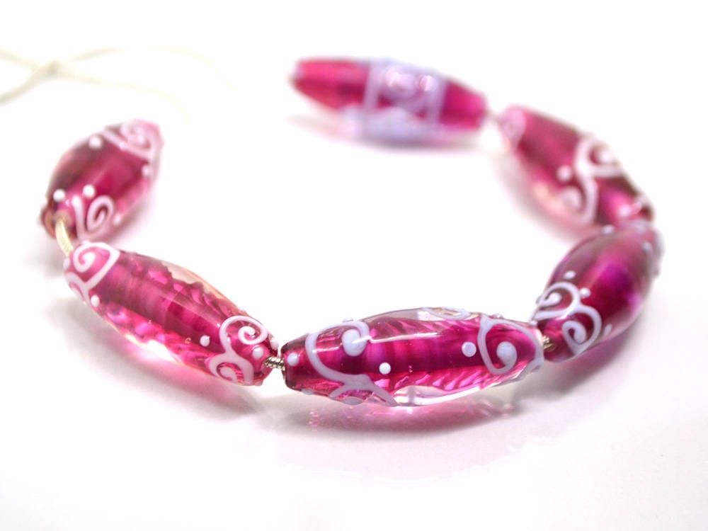 rhombus glass lampwork beads artisan lampwork set beads for jewelry oval glass beads rubina pink glass beads curls beads pink and white
