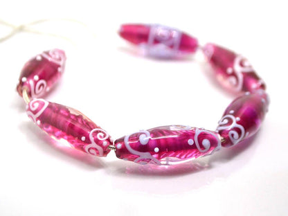 rhombus glass lampwork beads artisan lampwork set beads for jewelry oval glass beads rubina pink glass beads curls beads pink and white