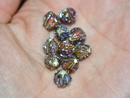 Lavender pink gold flower beads, 7mm glass beads, Tiny flower beads, Sparkle floral beads, Artisan lampwork beads, Lampwork bead set