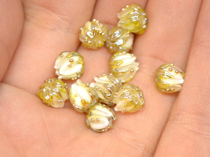 White flower beads with gold leaves, Tiny glass beads, 7mm flower beads, Small lampwork beads