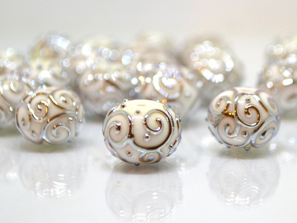 White beads with silver curls, Glass art beads, Handmade lampwork beads, Artisan lampwork Set, Round beads, Jewelry making, Beads set