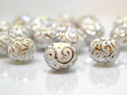 White beads with silver curls, Glass art beads, Handmade lampwork beads, Artisan lampwork Set, Round beads, Jewelry making, Beads set
