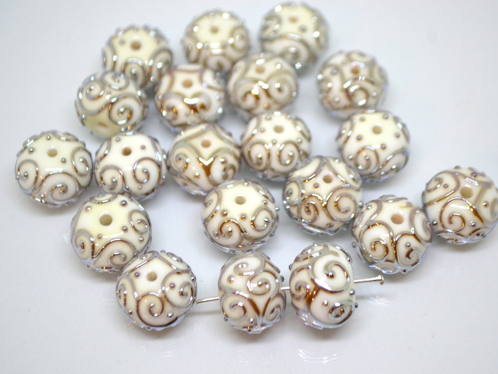 White beads with silver curls, Glass art beads, Handmade lampwork beads, Artisan lampwork Set, Round beads, Jewelry making, Beads set