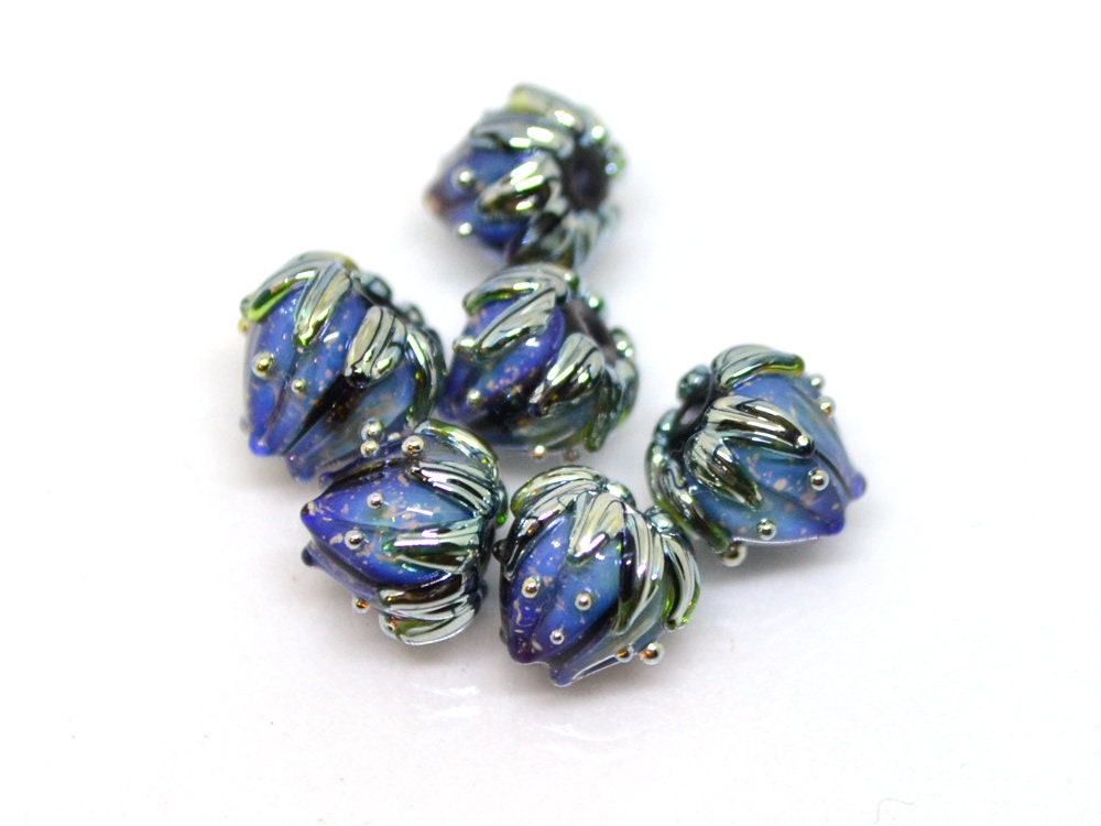 Small 7mm black blue stardust silver flower glass beads, Tiny flower beads, Mini flower beads, Beads wholesale, Artisan lampwork