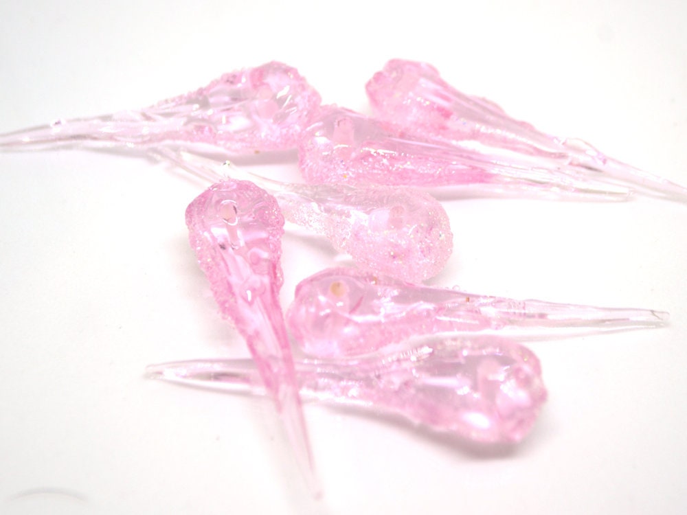 Pink Icicle Glass Beads, Christmas Beads, Transparent Glass beads, Snow Lampwork, Mini christmas tree decor, Holiday beads, Artisan lampwork