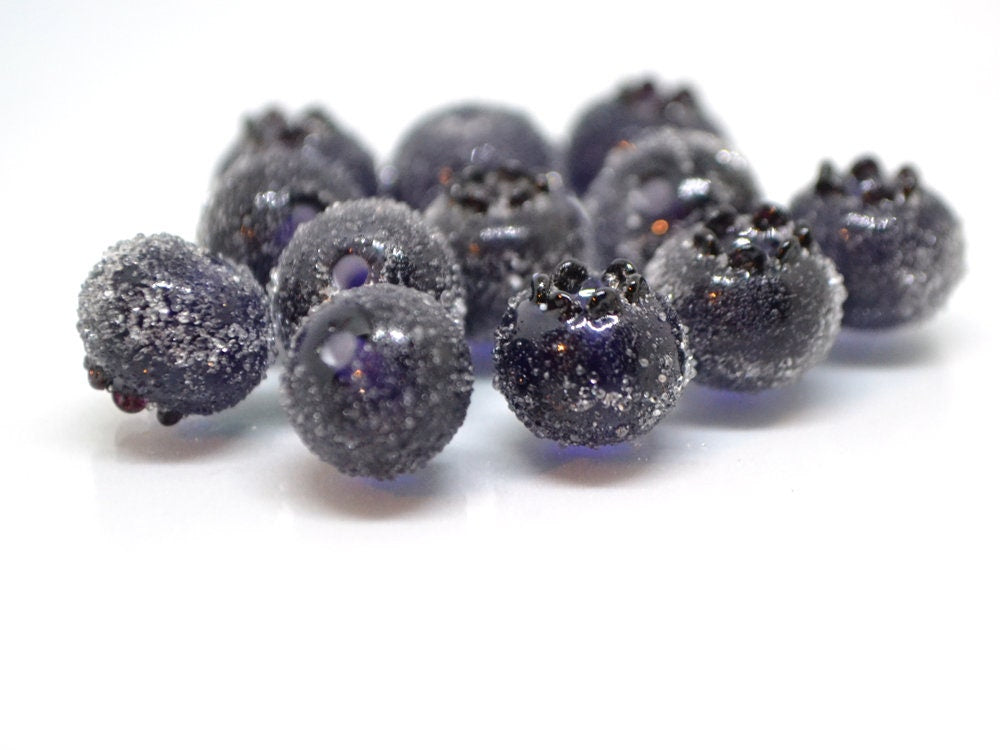 Dark purple glass berries, Frost berry beads, Lampwork blueberry, Purple berry, Glass fruits
