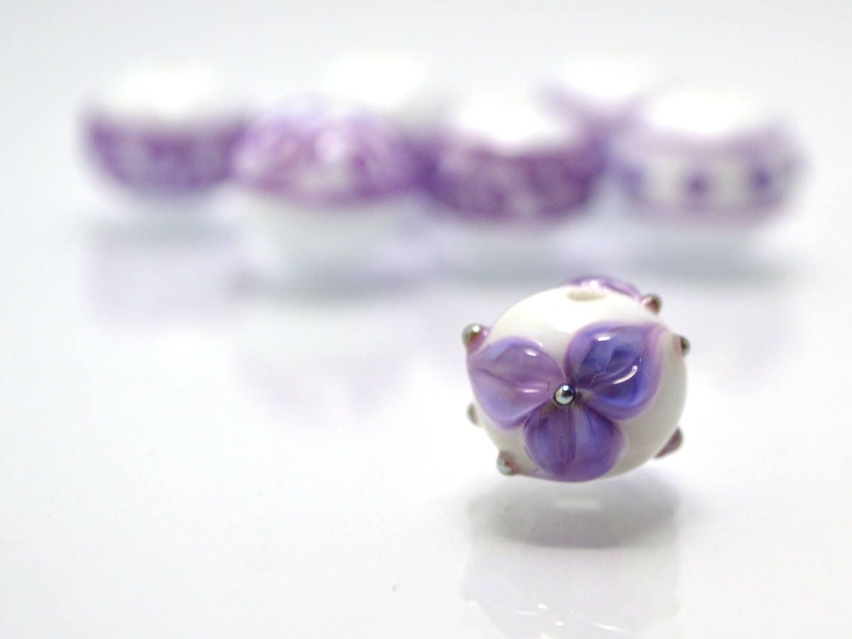 Lampwork purple white glass Handmade beads Artisan lampwork Rondelle bead Lampwork beads set Bracelet jewelry making set flower lampwork