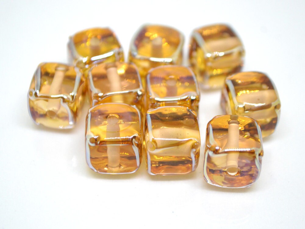 Gold yellow square beads, Honey yellow cube beads,  12mm square beads, Sunny cube beads, Yellow lampwork beads, Handmade glass beads