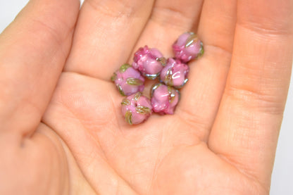 Pink wine 8mm rosebud beads, Pink Floral lampwork, Rose beads, Flower glass beads, Earrings Flower Beads, Murano Beads, Jewelry making
