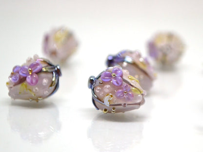 Pale purple flower bouquet lampwork beads, Light purple green mint lampwork beads, Artisan lampwork