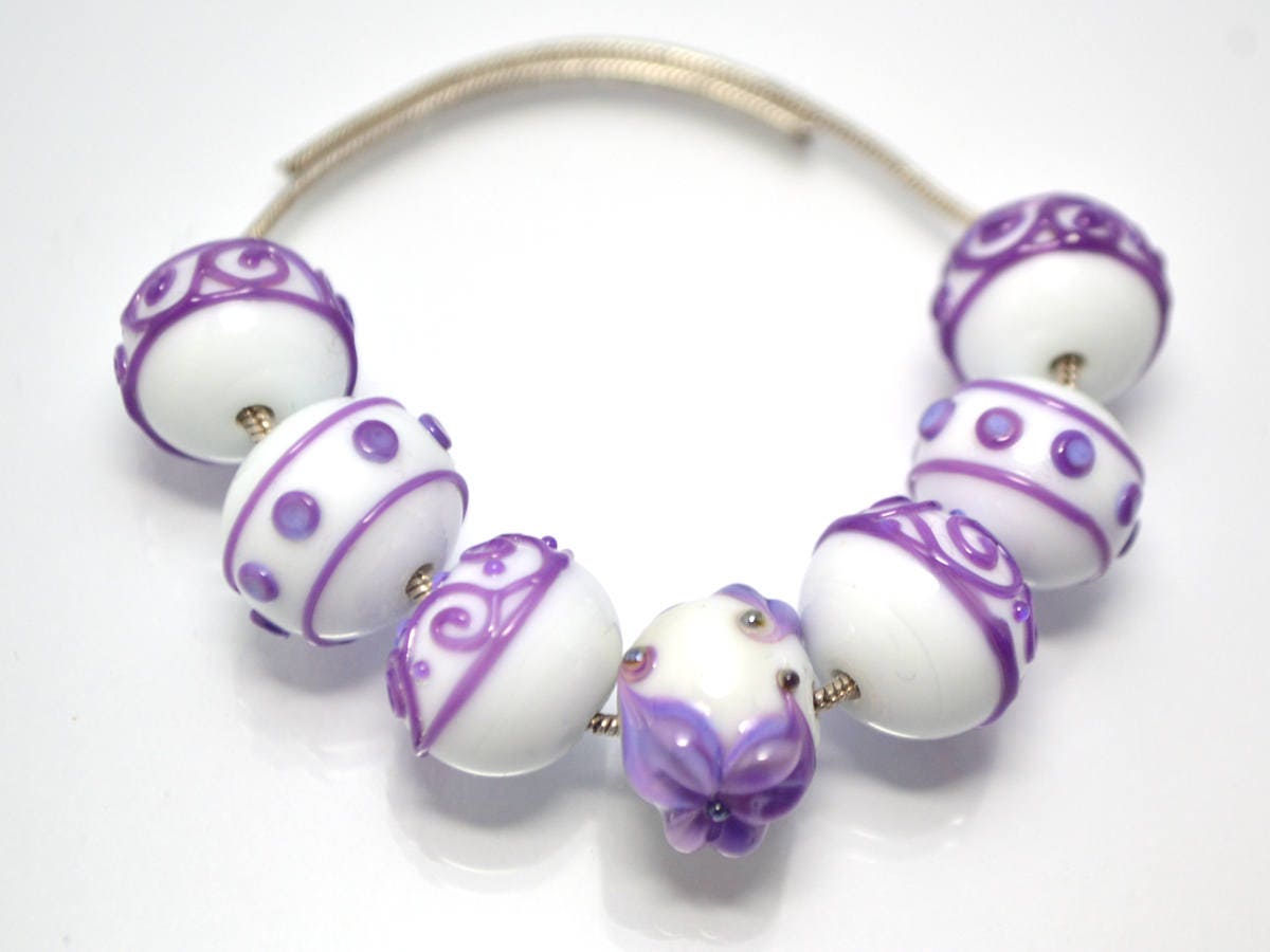 Lampwork purple white glass Handmade beads Artisan lampwork Rondelle bead Lampwork beads set Bracelet jewelry making set flower lampwork