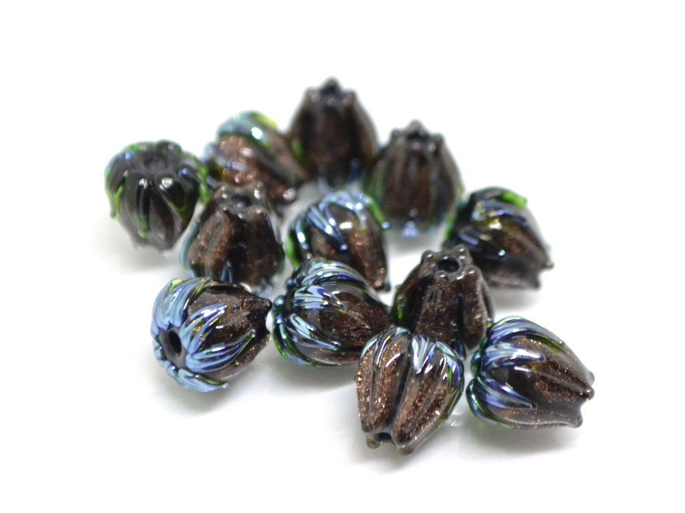 Aventurine glass beads, 10mm flower beads, Gold sand glass bead, Brown Floral lampwork, Sparkle flower bead, Floral theme beads Fall jewelry