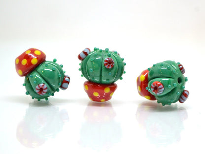Lampwork red green cactus flower beads in red pot, Wilderness plants, Desert flower, Cactus flower pendant, Succulent beads,Artisan lampwork