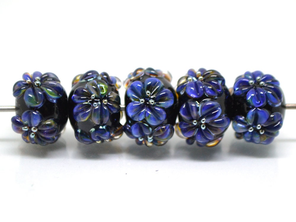 Dark lavender flower beads, Rondelle flower beads, Black blue glass beads, Spacer flower beads, Rondelle lampwork, Rondelle spacer bead