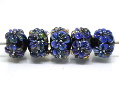 Dark lavender flower beads, Rondelle flower beads, Black blue glass beads, Spacer flower beads, Rondelle lampwork, Rondelle spacer bead
